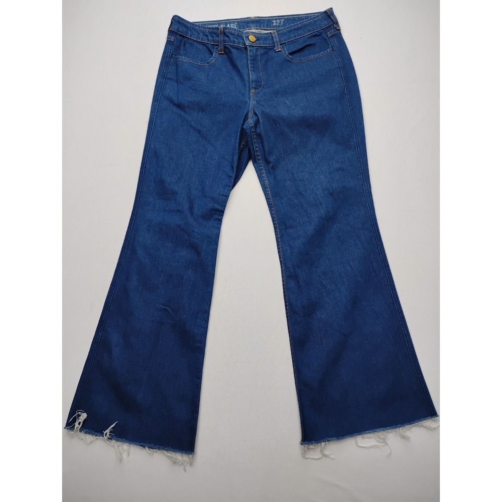 J‎ Crew Jeans Blue High-Heel Flare Womens 32 Dark Wash Denim Made in USA Raw Hem